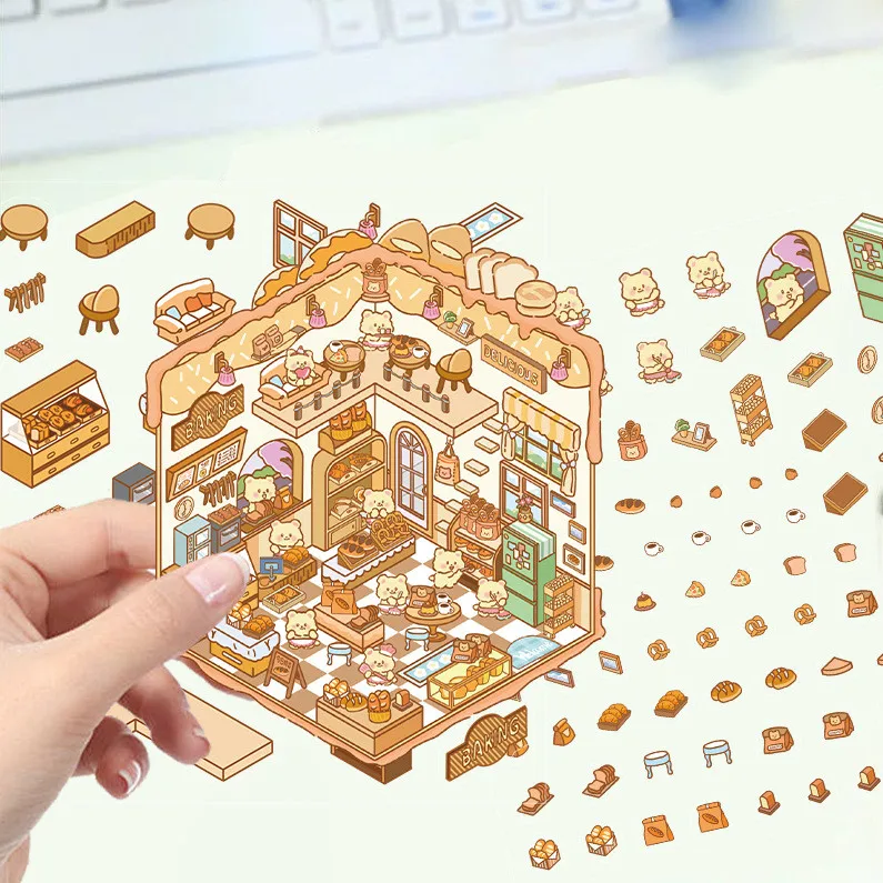Cartoon Scenery Sticker Bear Bakery Miniature World 3D Hut Stress-Relieving DIY Scene Sticker for Hand Account AnimeWorlds Store