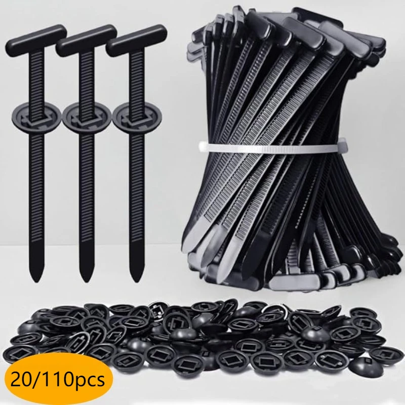 20/110pcs T-Type Plastic Fastener Clips, Nylon Cable Zip Ties for Car Auto Bumper Wire Harness & Interior Trim