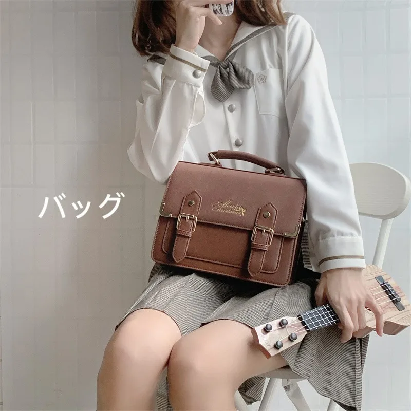 Japanese Lolita Style JK Uniform Shoulder School Bags For Women Girls Pu Leather Large Capacity Casual Luggage Handbags Totes