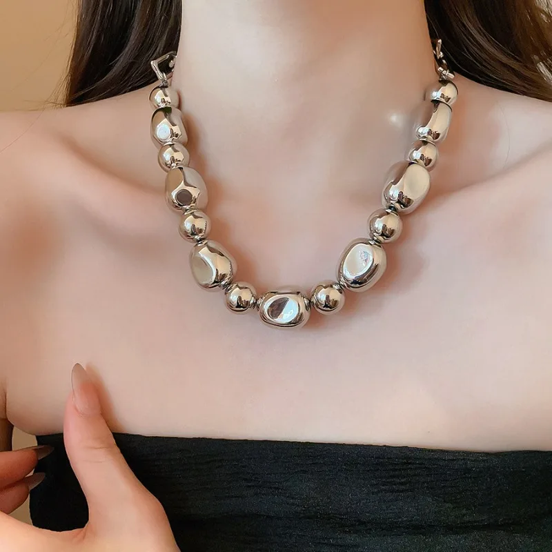 

Minar Punk Irregular Metallic ABS Beads Strand Beaded Necklace for Women Silver Plated Metal Alloy Hollow Link Chain Chokers