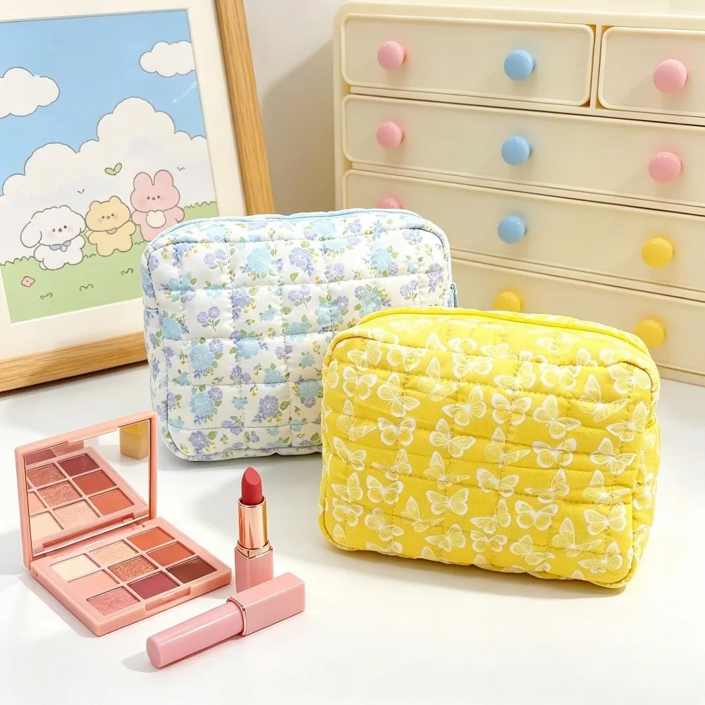 Quilted Cosmetic Bag Large Capacity Soft Cotton Toiletry Bag Floral Print Butterfly Pattern Makeup Organizer Women Girls