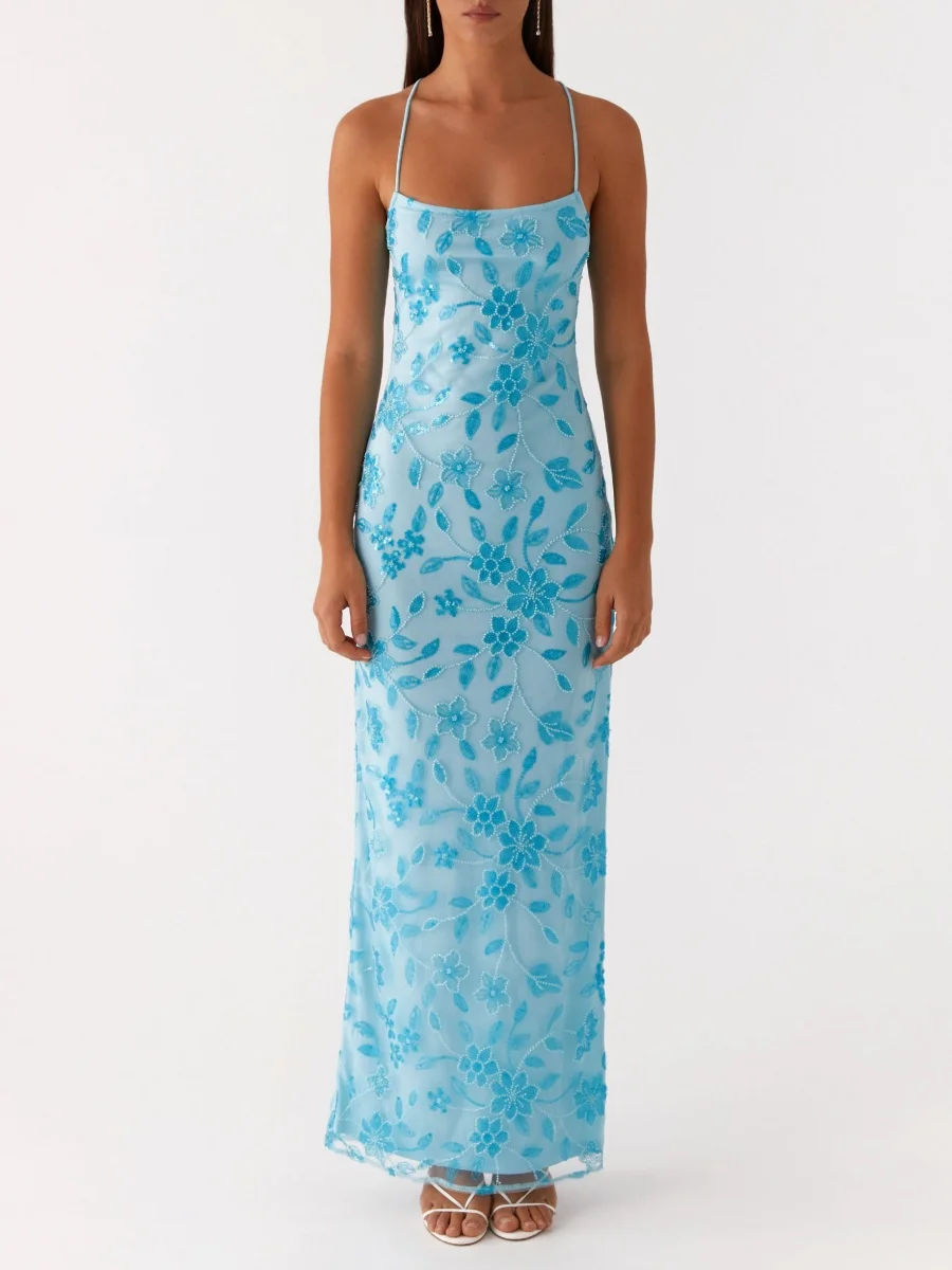 Vestido largo ajustado con tirantes finos y lentejuelas con purpurina y diamantes de imitación y flores con cuentas brillantes para mujer