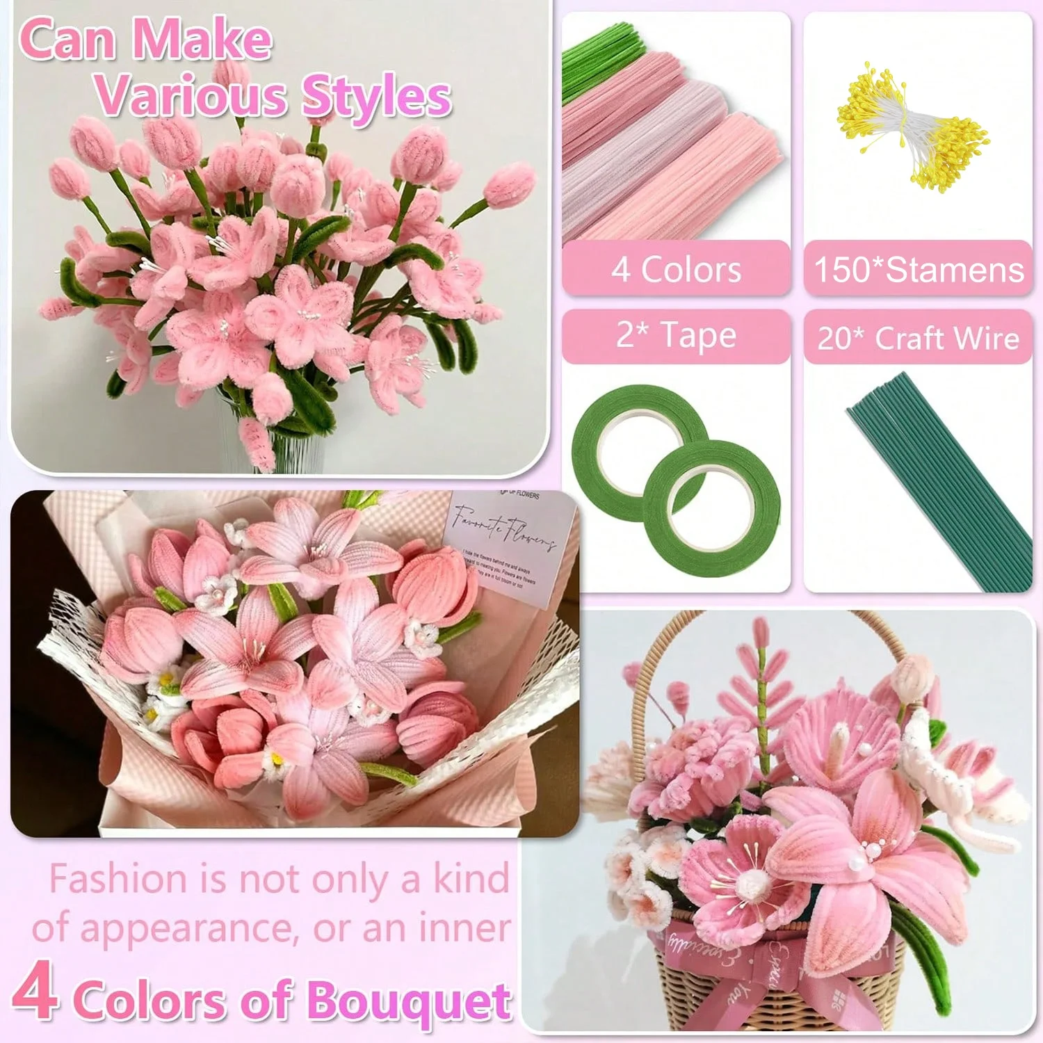 400/573pcs Pipe Cleaners Craft Set With Tutorial Video,DIY Handmade Flower Making Materials,Valentine Mother's Day Creative Gift view 2