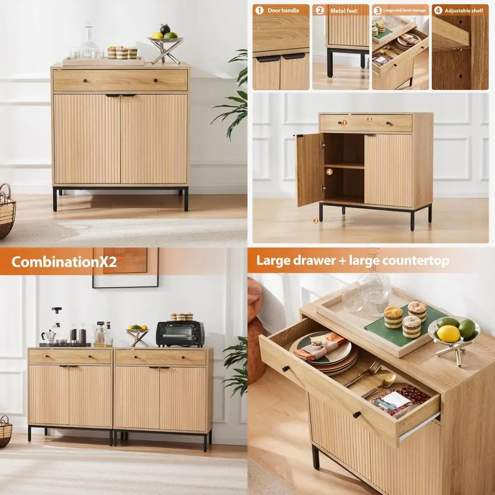 بوفيه ريفي على طراز المزرعة مع مساحة تخزين وطاولة بار القهوة وخزانة رفوف قابلة للتعديل #1