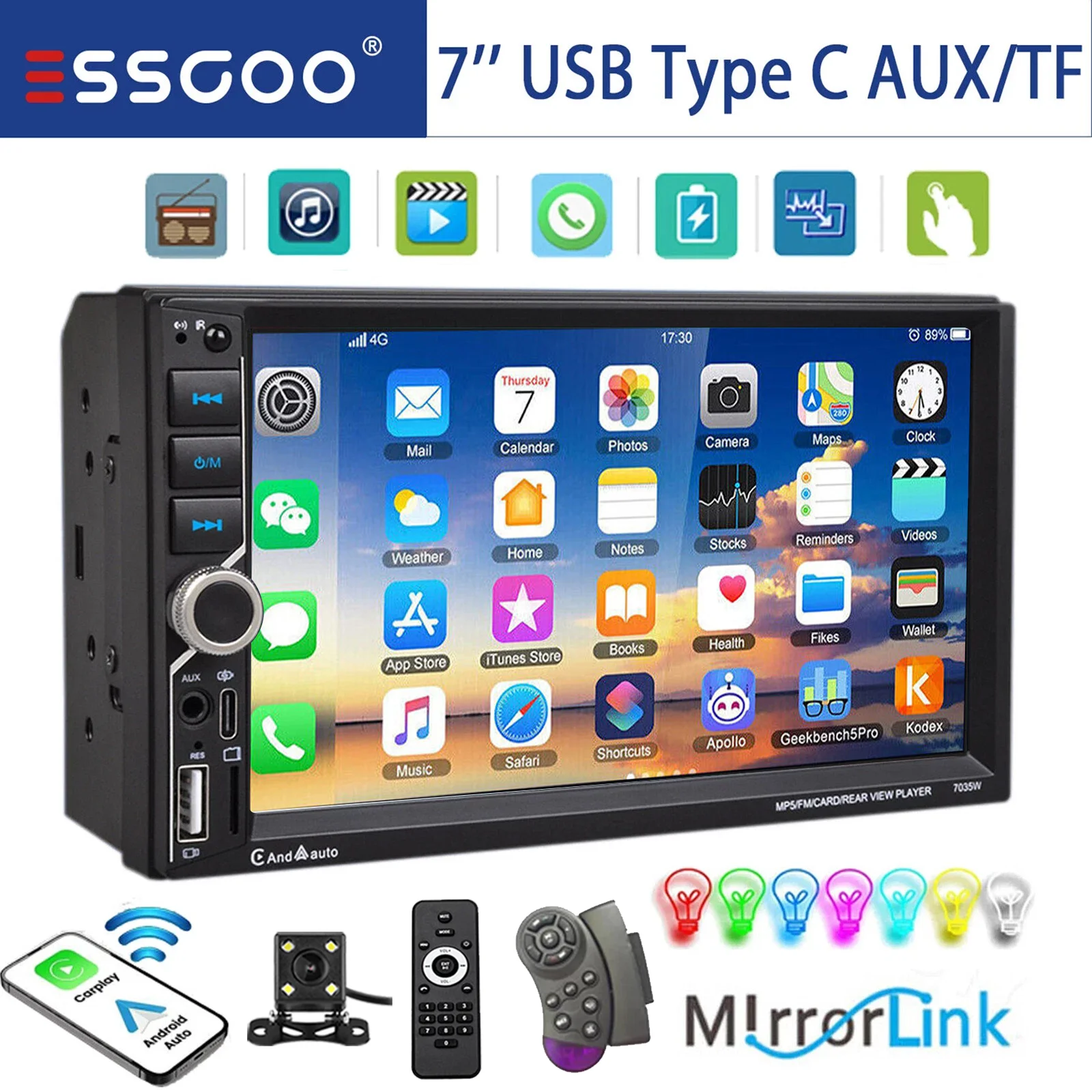 ESSGOO 7-Zoll Doppel-DIN Universelles Autoradio mit Wireless Carplay, Android Auto, Bluetooth, USB, AUX, TF, EQ, Mirror Link, SWC, Typ-C