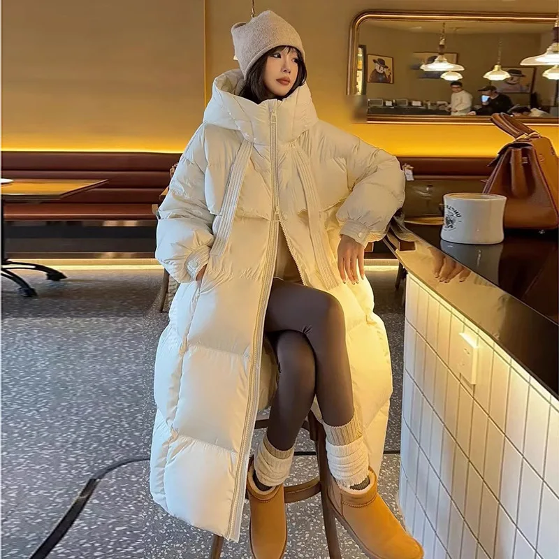 

2024 New Women's Long Over-Knee Thiened down Cotton Jaet Korean Loose Bread Sle Winter Coat Outerwear Polyester Fabric