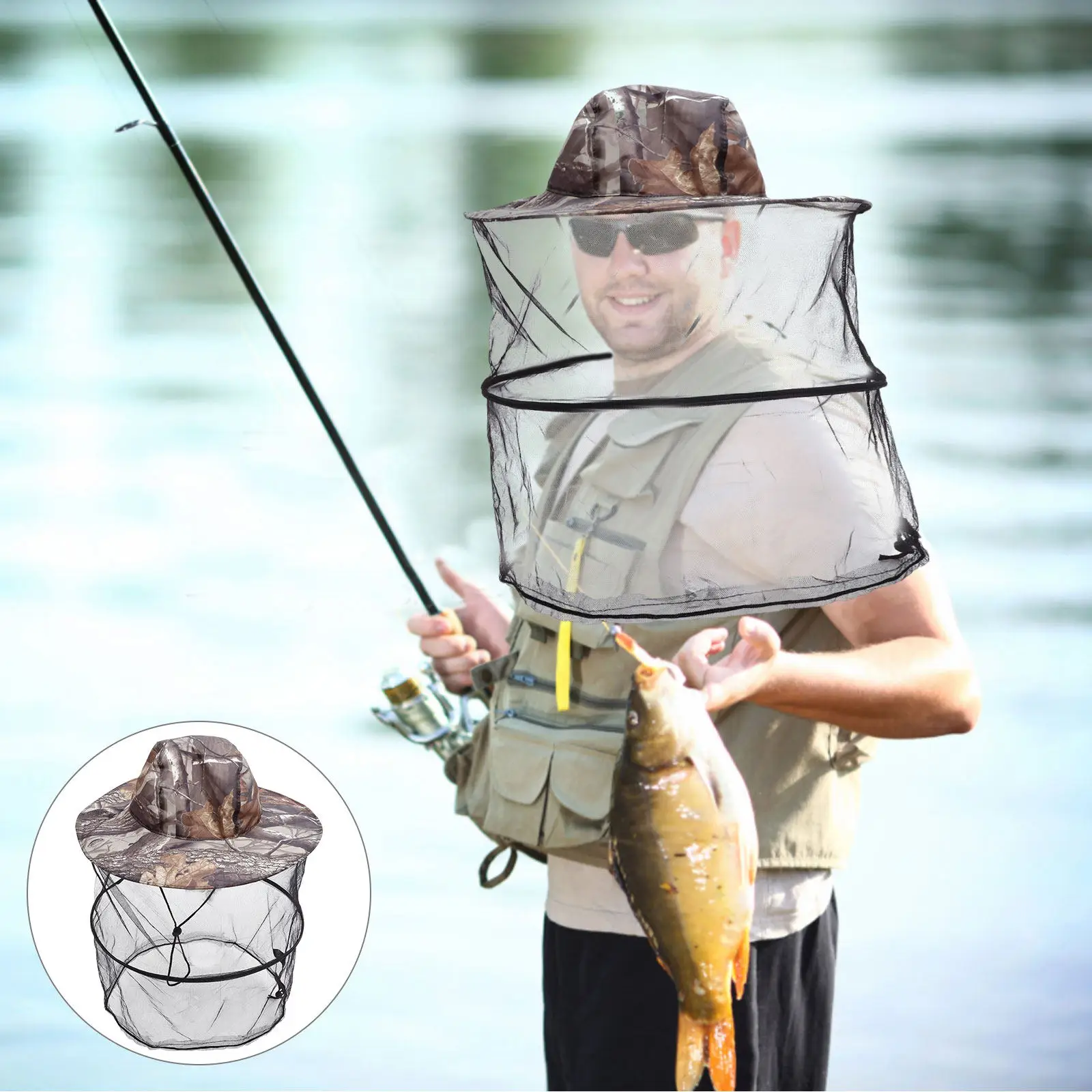 

Outdoor Sunscreen Anti-Mosquito Net Hat Leaves Pattern Camouflage Face Protection Fishing Headgear Camping