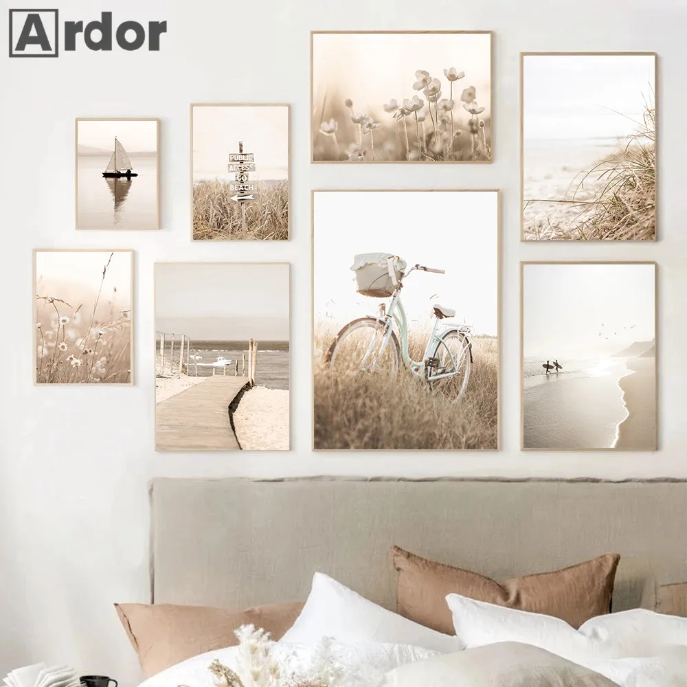 Pintura en lienzo de paisaje Beige, póster de pared de playa, impresiones artísticas de bicicleta, imágenes de flores, Impresión de hierba, carteles