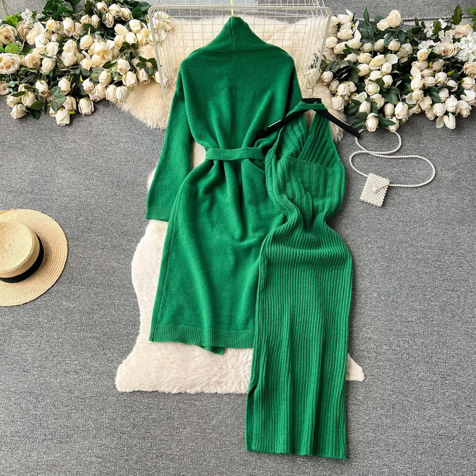 

Knit Dresses For Women 2024 Two Piece Set Of Women'S Loose Waistband Knitted Cardigan Jacket+Slim Fit Hanging Neck Dress