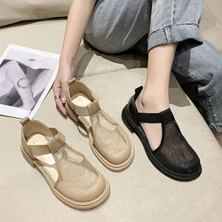 Sandalias de malla con punta cerrada para Mujer, zapatos cómodos de tacón medio, calzado Gladiador, novedad de verano, 2024