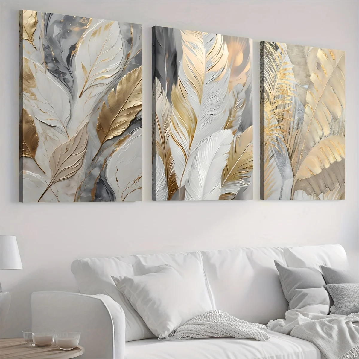 3PC Featuring Luxurious Golden Plant Leaves Framed Paintings for Home Decor Wall Art Room Decoration Murals Prints Festive Gifts