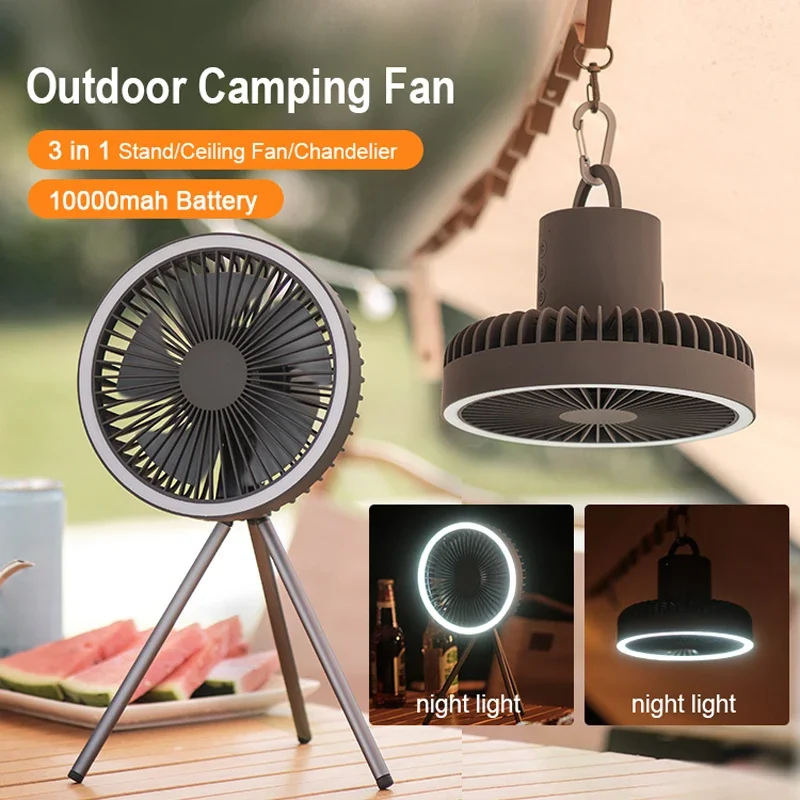 10000mAh Ventilador Portátil Casa Ventilador de Acampamento Ao Ar Livre LED Iluminação Tripé Suporte de Mesa com Banco de Potência Ventilador Elétrico de Teto Sem Fio