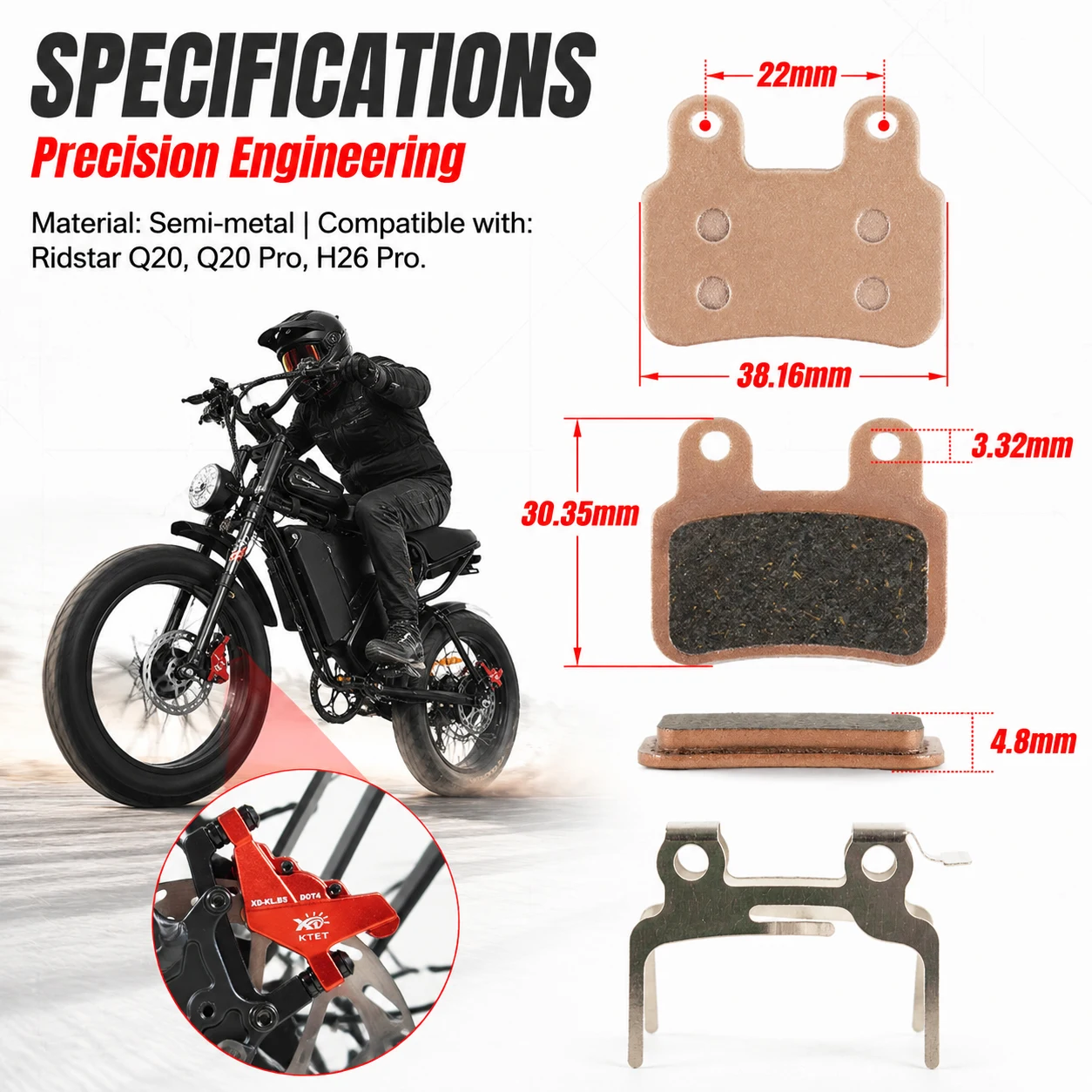 KTET XD-KL.BS Brake Pads Semi-Metallic for Bopzin Q8 M2000 C21 M22 Freego X2 Hydraulic Bicycle Disc Brake Replacement