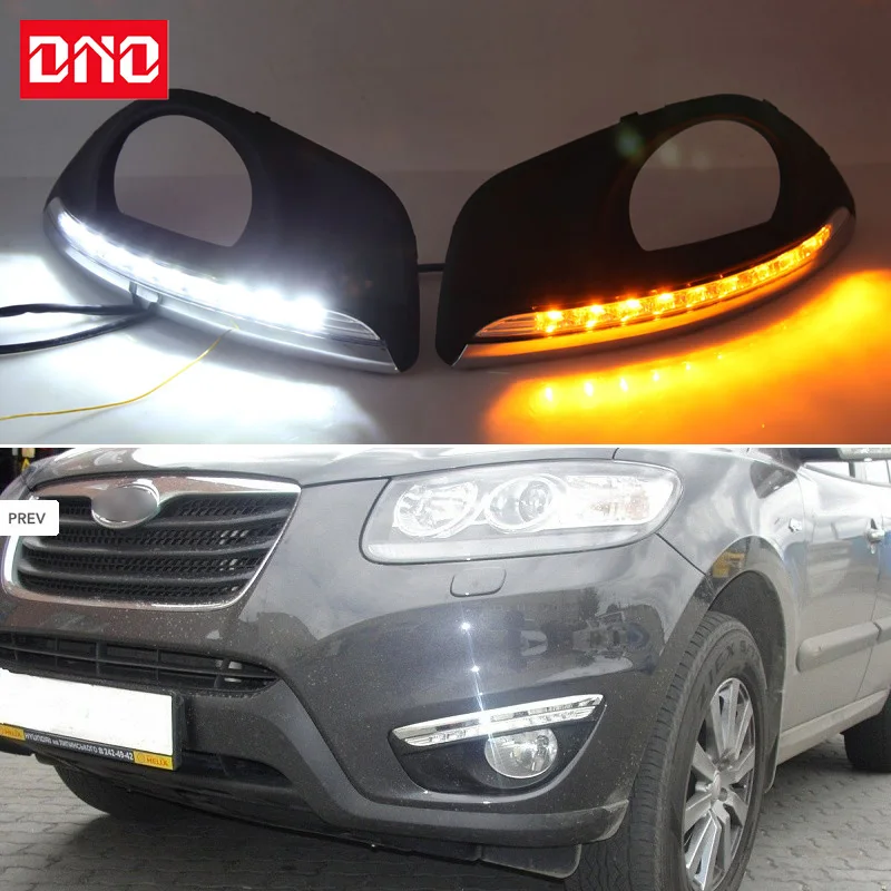 Car LED DRL 12V Daylights For Hyundai Santa Fe 2010 - 2012 Yellow Turn Signal Indicator Daytime Running Light Fog Lamp Headlight