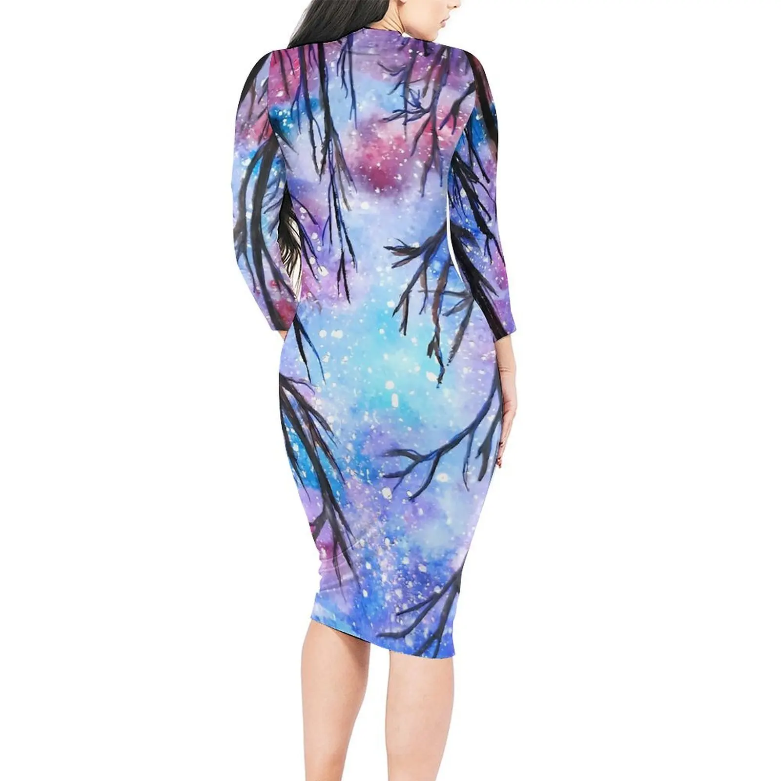 October Starry Night Bodycon Dress Women Abstract Galaxy Sexy Dresses Holiday Long Sleeve Aesthetic Custom Dress Large Size