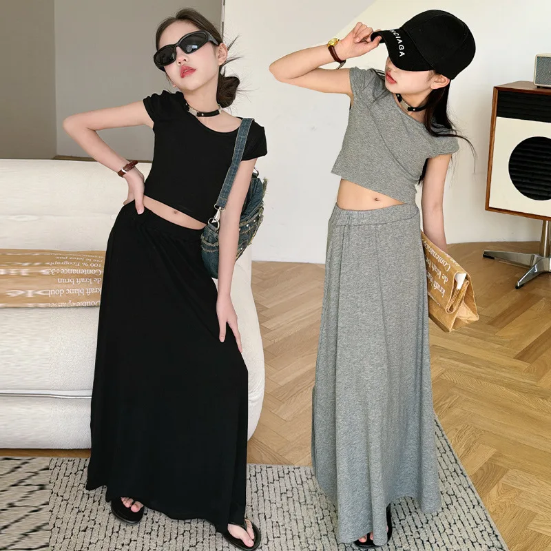 

Girls Suits Style Set Summer New 2024 Children Full Round Short-sleeved T-shirt Skirt Two-piece Set European Fashion Style
