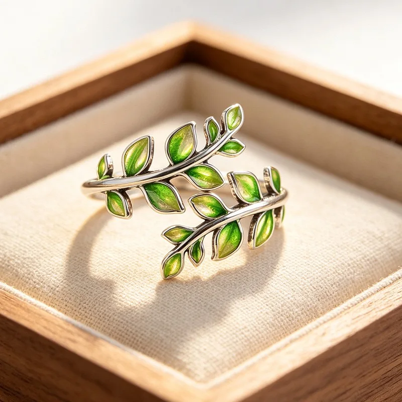 BF CLUB 925 Sterling Silber Ring für Damen, Schmuck, grüne Blattform, offener Vintage-Handarbeit-Ring, allergiefrei, für Party, Geburtstagsgeschenk – Detail 4
