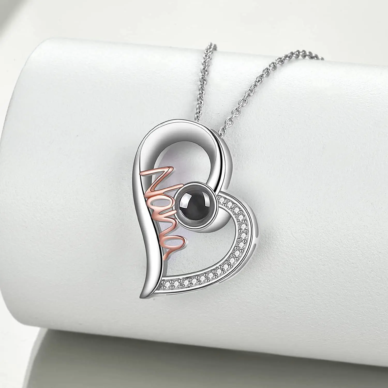 Refined S925 Silver Mamaheart-shaped Projection Necklace For Women 100 Languages Personalized colorful Photos