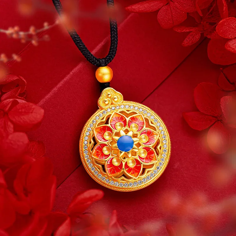 

9999 Real Gold 24K Enamel Color Eight Treasures Compass Pendant Ancient Flower Silk Burnt Blue Micro Leaf Compass Pendant