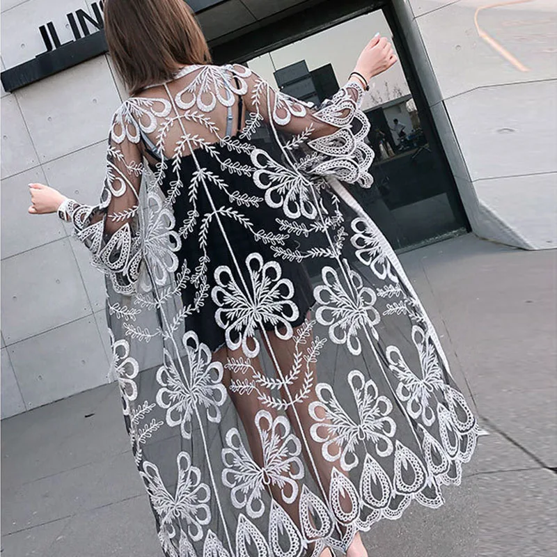 Mùa hè Phơi Ngoài Nắng Không Phai Cardigan Kimono Thời Trang Phụ Nữ Ren Bikini Bìa Up Phụ Nữ Blouse Áo Dài Lưới Khăn Choàng Outwear Blusas feminina