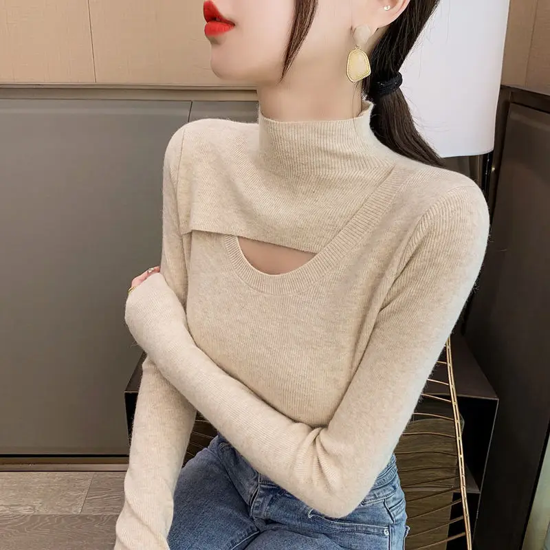 Blue Base Shirt Versatile 2023 Spring New Women's Warm Wear Fashionable Long Sleeved Top Thickened Half High Neck Knit