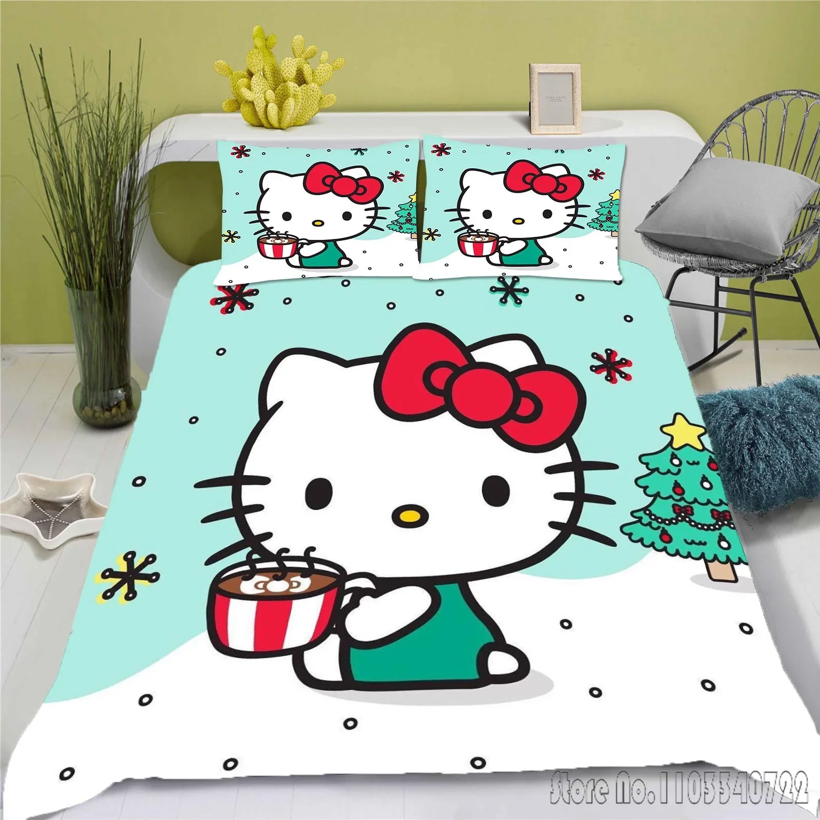 Hello Kitty  Anime Bedding Set Duvet Cover 100% Polyester Suitable For Children And Adults 3-Piece Set 1 Quilt Cover