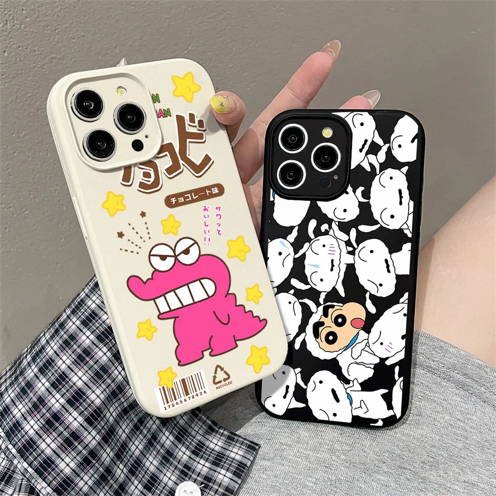 Kawaii Crayon Boy Shin For iPhone 16 15 14 13 12 11 Pro MAX Plus Liquid Silicone Velvet All-Inclusive Soft Phone Case