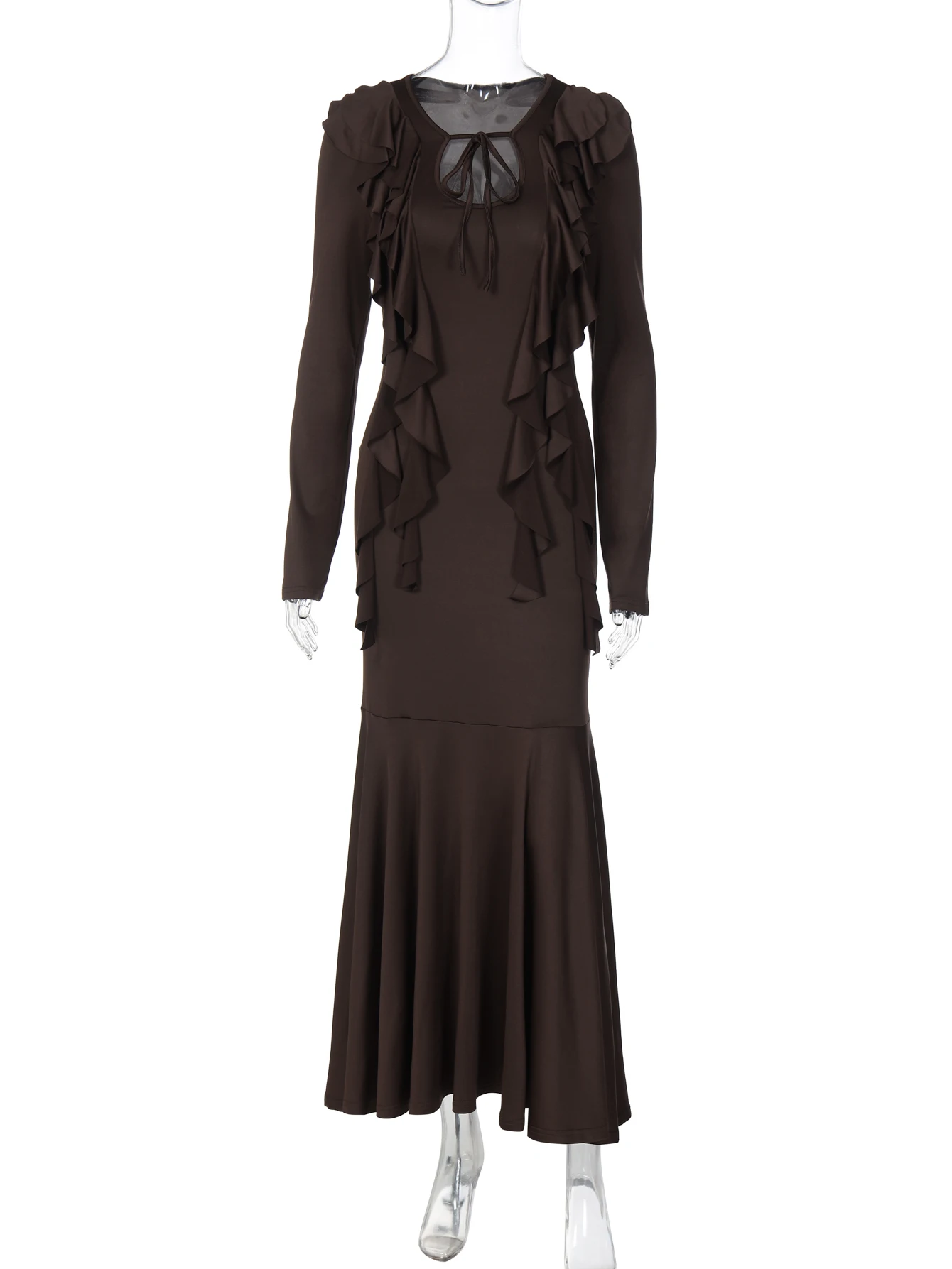 เดรสยาวทรงเข้ารูป คอวี แต่งระบาย ผ้าลูกไม้ ผูกเชือก เซ็กซี่ จับจีบ แฟชั่นสำหรับผู้หญิง เหมาะสำหรับงานปาร์ตี้ วันหยุดพักผ่อน และคลับ