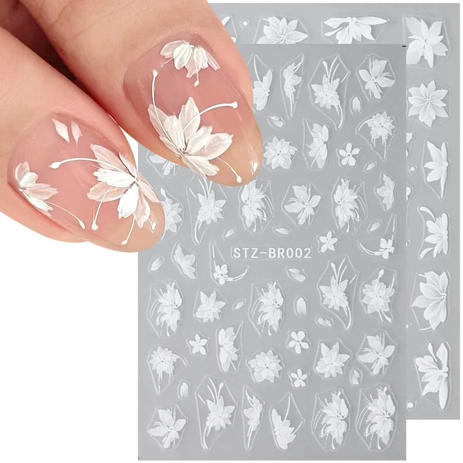 2pcs White Flower 3D Nail Sticker Elegant Petal Floral Adhesive Slider Wedding Design Cute Butterfly Daisy Nail Art Decal Decor