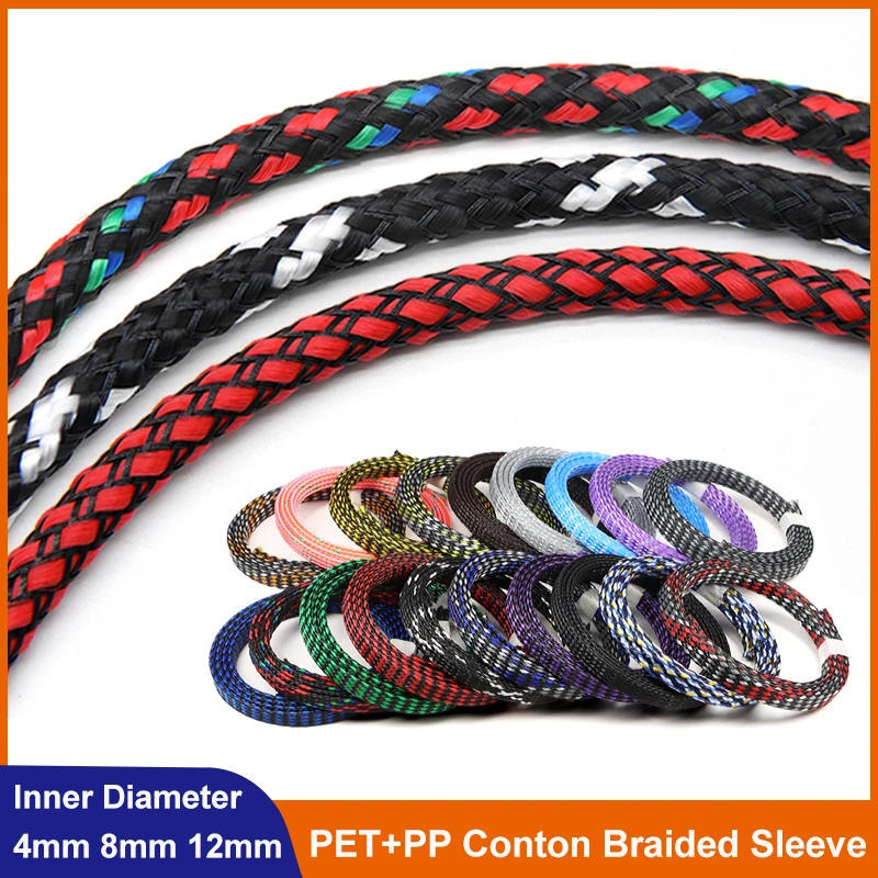 

1/3/5/10M PP Conton + PET Yarn Mixed 4mm 8mm 12mm Braided Expandable Insulated Cable Sleeve Protect Cover Wire Wrap Gland Sheath