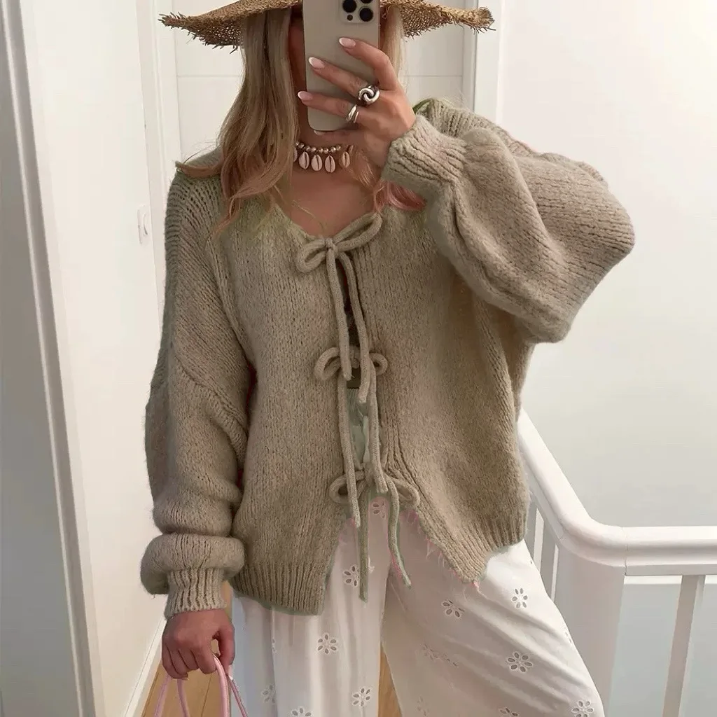 Осень 2024, женские однотонные свитера на шнуровке с круглым вырезом, женские зимние вязаные прямые джемперы, повседневные офисные с длинными рукавами