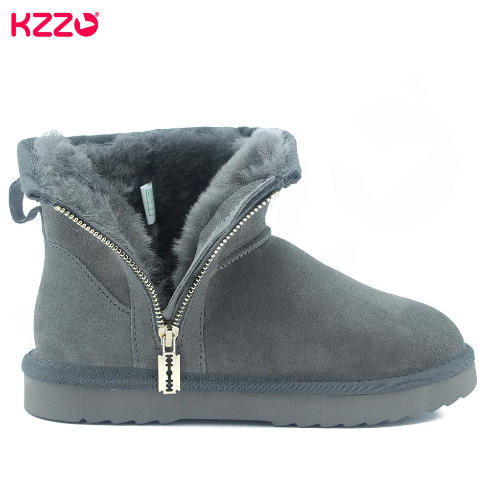 KZZO Australia Classic Winter Short Snow Boots With Zipper Men Sheepskin Leather Natural Wool Lined Ankle Warm Shoes Size 38-48