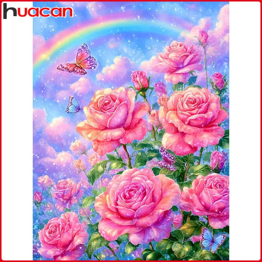 Huacan 5D-Diamantgemälde zum Selbermachen, Rose, Regenbogen, Diamant-Mosaik, Blume, neue Kollektion 2025, Bild von Strasssteinen