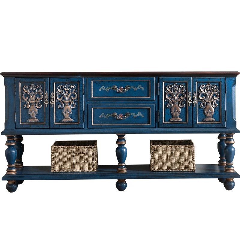 

American rural Mediterranean style retro solid wood painted entrance counter Xiangtai blue wood gold dining edge