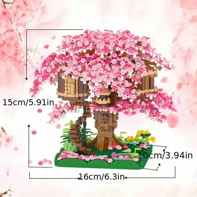 اللبنات الصغيرة بيت شجرة زهر الكرز ثلاثية الأبعاد نموذج تجميع الطوب لتقوم بها بنفسك ديكور المنزل اللعب الهدايا #4
