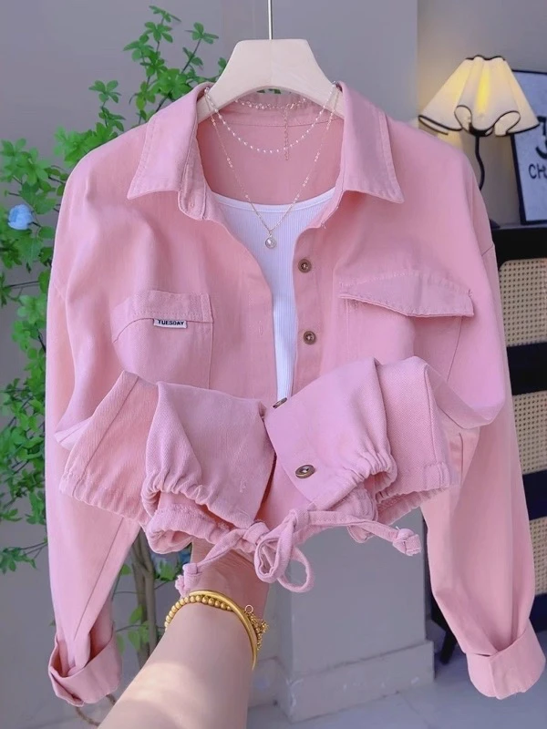 Pink Pure Cotton  Shirt Jacket Women's Spring Autumn Outerwear Open Cardigan Bottom Drawstring Loose Versatile Blouse