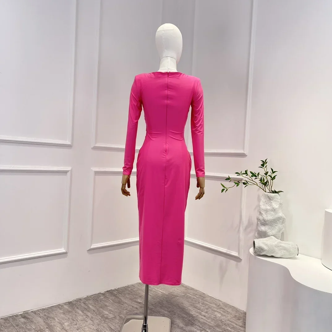 Rosa vermelha 2023 novo sólido primavera verão de alta qualidade sexy manga longa cintura cortar mulher preto midi vestido para festa