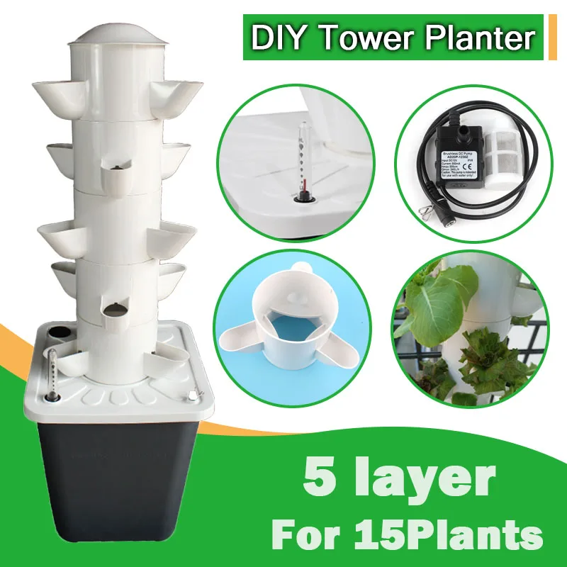 

5-слойная вертикальная башенная кашпо «сделай сам», система гидропонного выращивания на балконе для 15 растений, оборудование для безґрунтового выращивания овощей в помещении