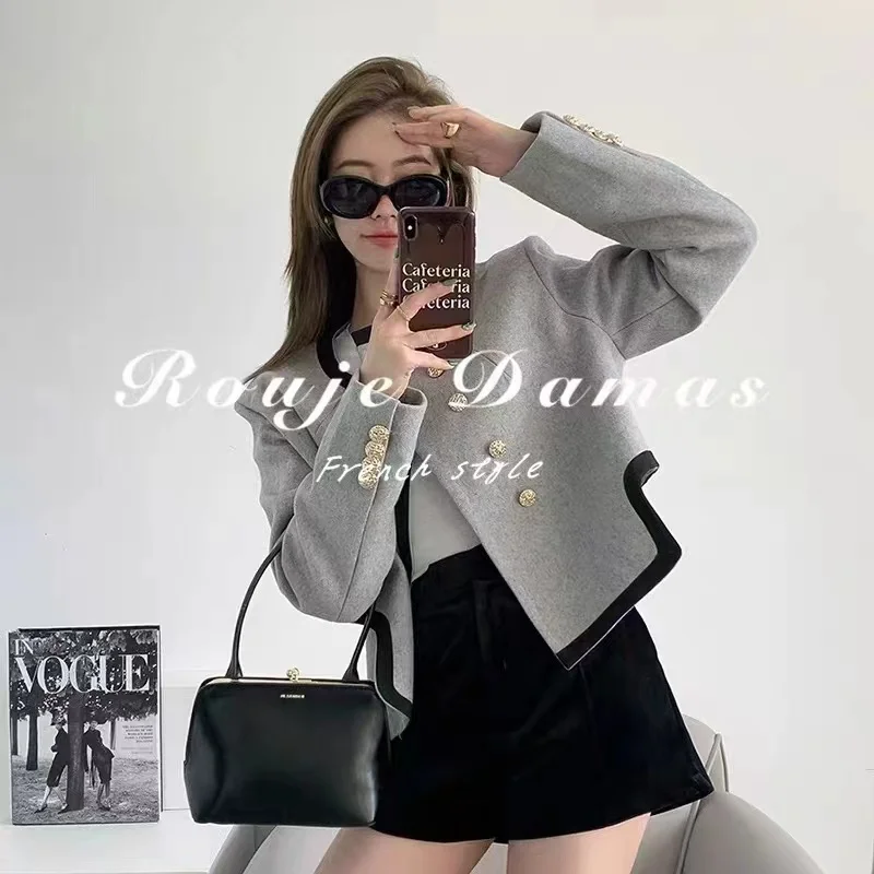 Women's Tweed Short Jacket Classic Black Trim Blazer with Gold Buttons Elegant Coat for Dating Office