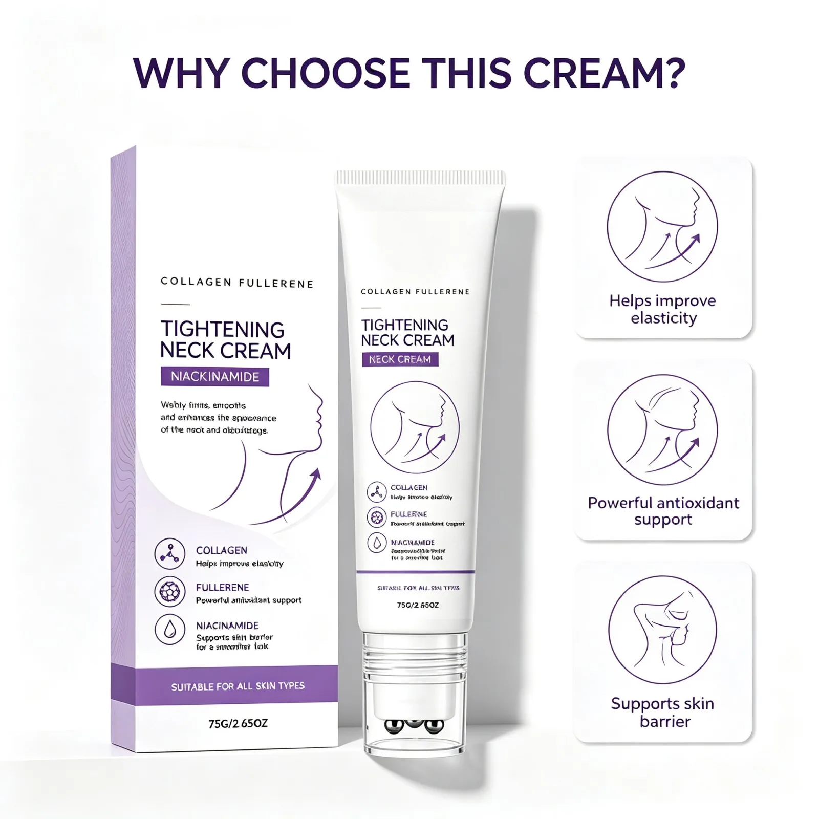 Collagen Neck Cream With Massage Roller Hydrating Firming Look Smooth Skin Texture Portable Daily Neck Care For Women 75g
