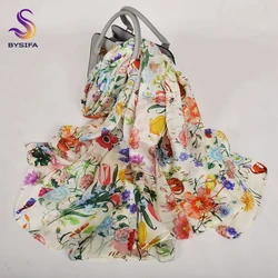 Bisifa | branco 100% mulberry lenço de seda xale feminino novo design floral verão longo praia xale luxo senhoras pescoço cachecóis hijabs