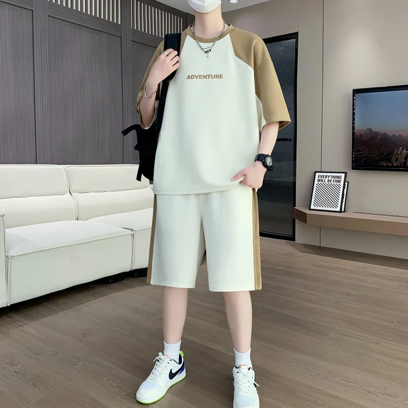 

Summer Casual Sportswear Set Men's ort Sve T-irt And orts Five-Quarter Length Polyester Fiber Elastic Band Youth Fas...