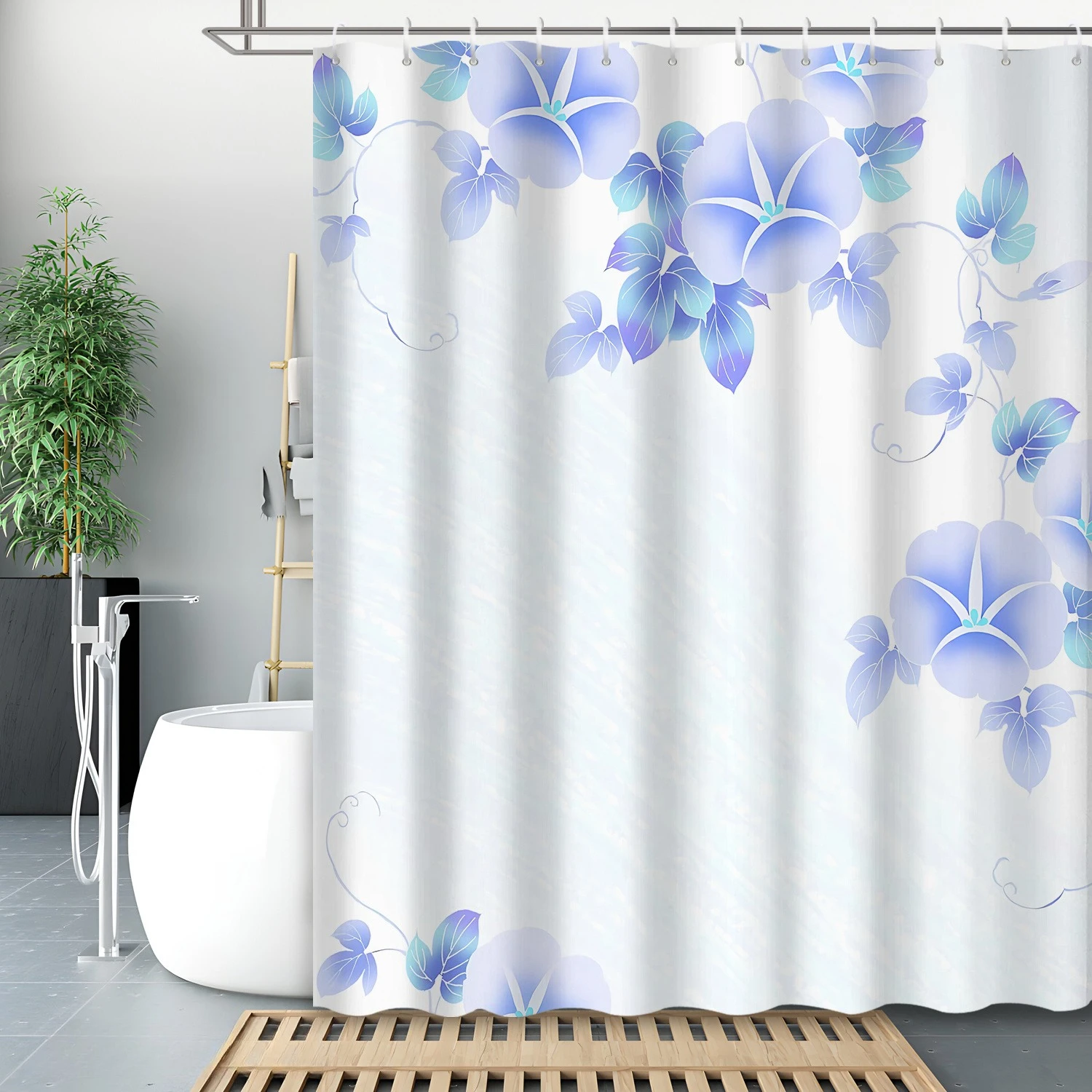 

1 шт., занавеска для душа с синим цветочным и листьями, полиэфирная ткань, можно стирать в машине, подходит для украшения ванной комнаты