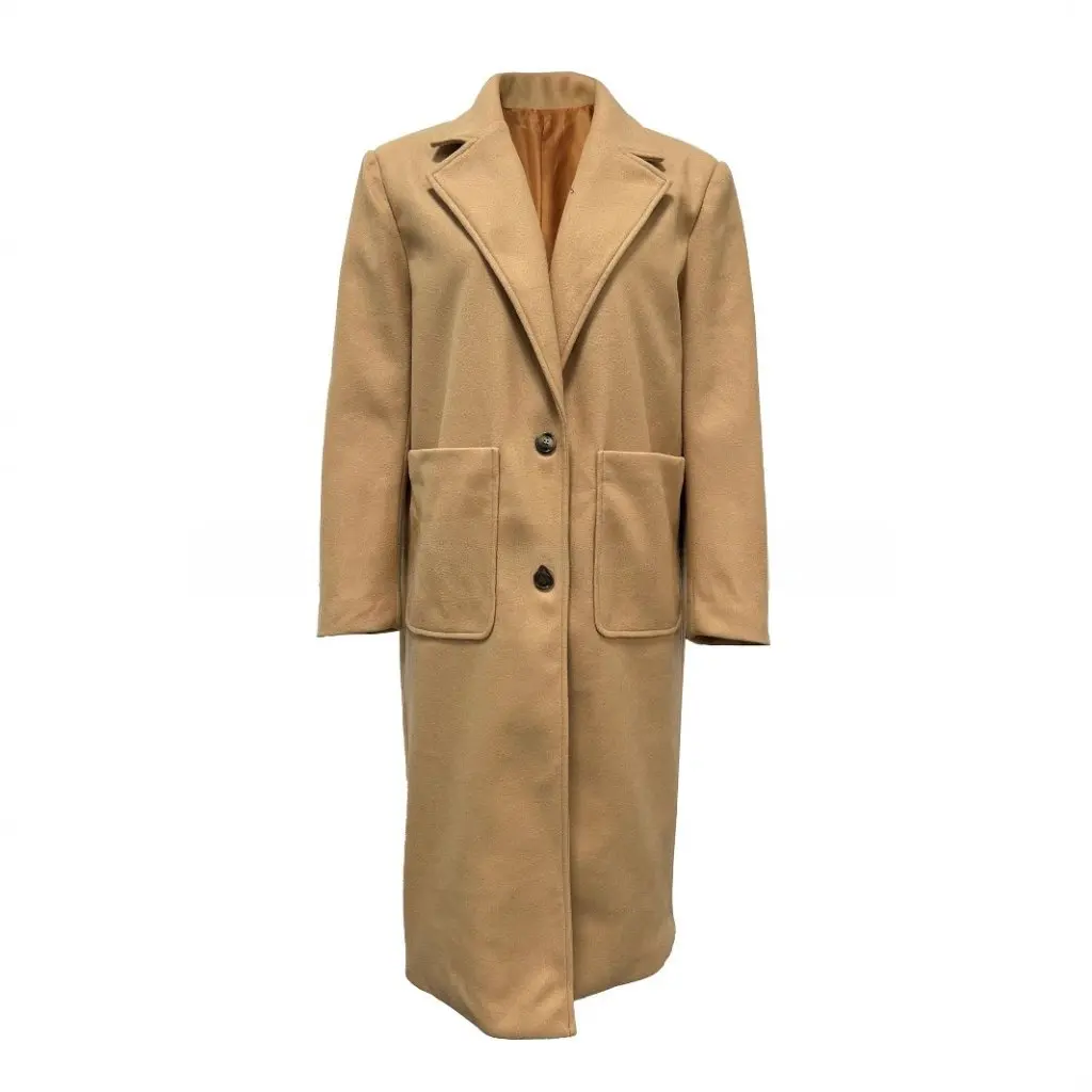 

Women's Casual Solid Color Lapel Long Sleeve Double Button Woolen Overcoat with Large Pockets European American Style Fashion
