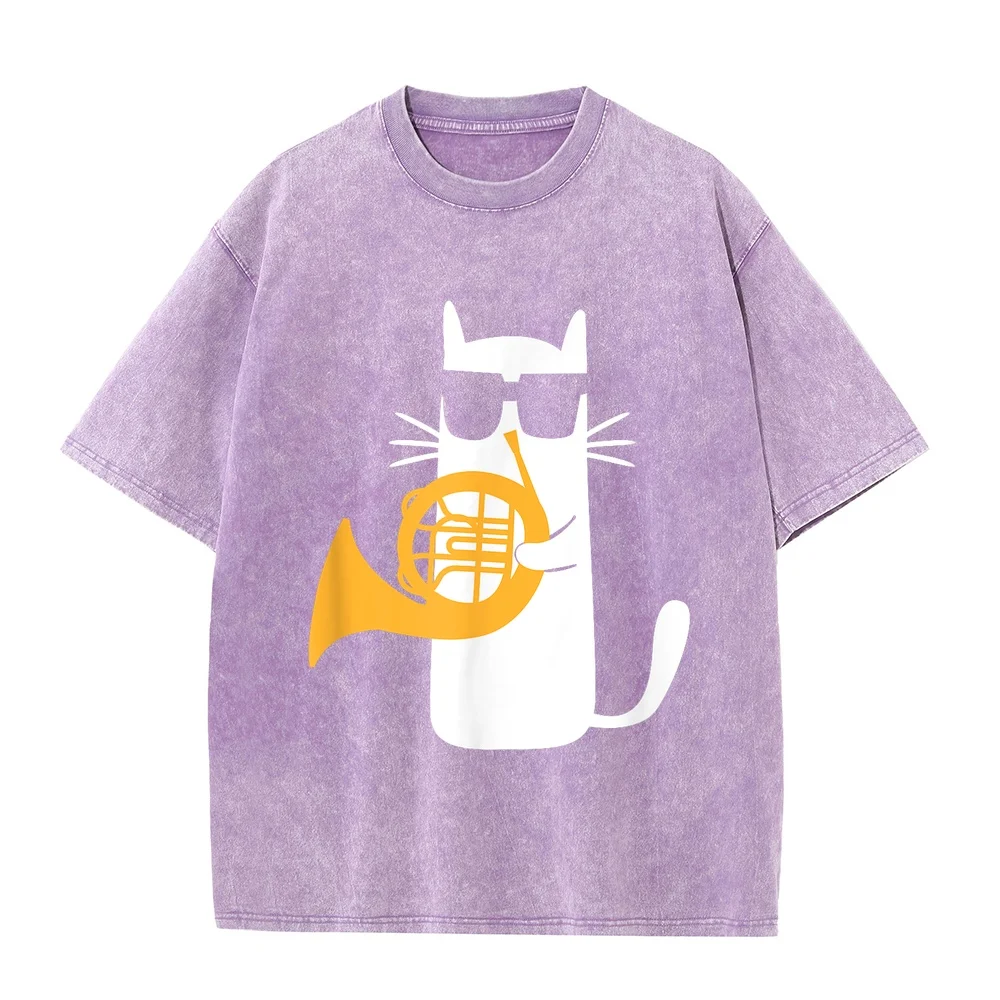 Cat French Horn Funny Lover T-Shirt Футболка Y2k Awesome Gift T Shirt Pet Owner Men Tee Short Sleeve Graphic Cotton Kitten