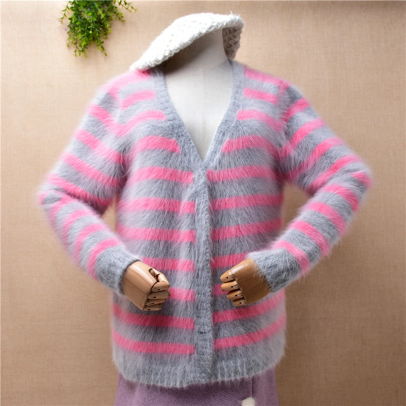 

04 Female Women Fall Winter Striped Hairy Plush Mink Cashmere Knitted V-Neck Long Sleeve Loose Cardigans Angora Fur Coat Sweater