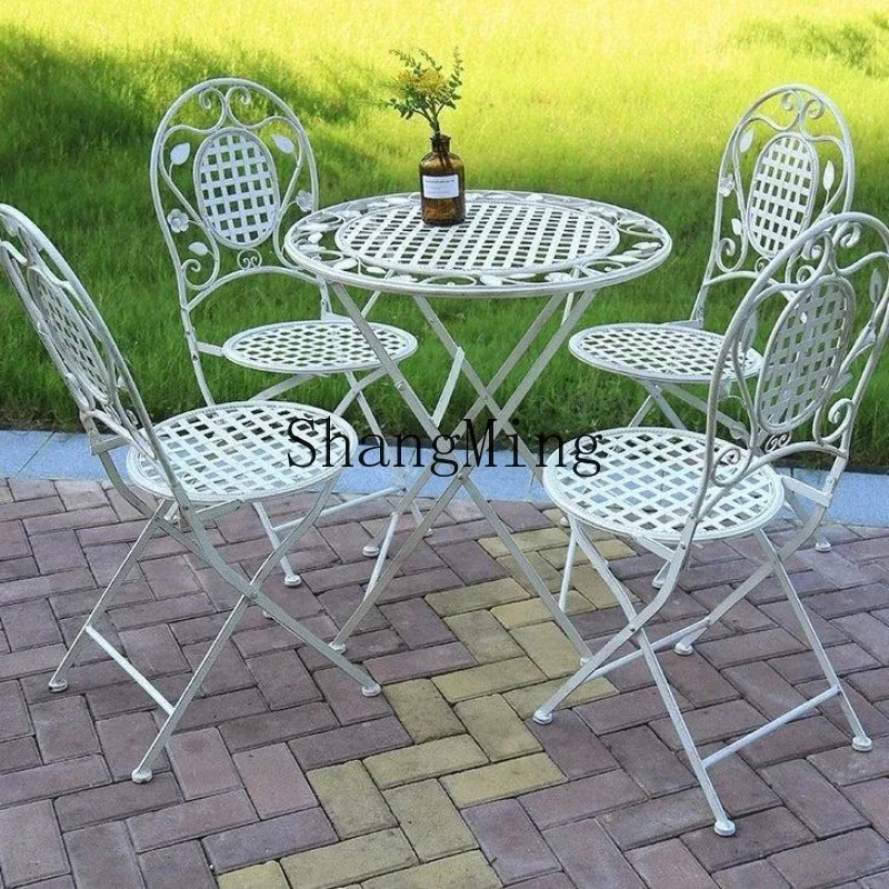 ชุดโต๊ะและเก้าอี้เหล็กดัดสไตล์เรโทรสำหรับกลางแจ้ง เฟอร์นิเจอร์ระเบียงโลหะ ชุดโต๊ะและเก้าอี้แบบรวม