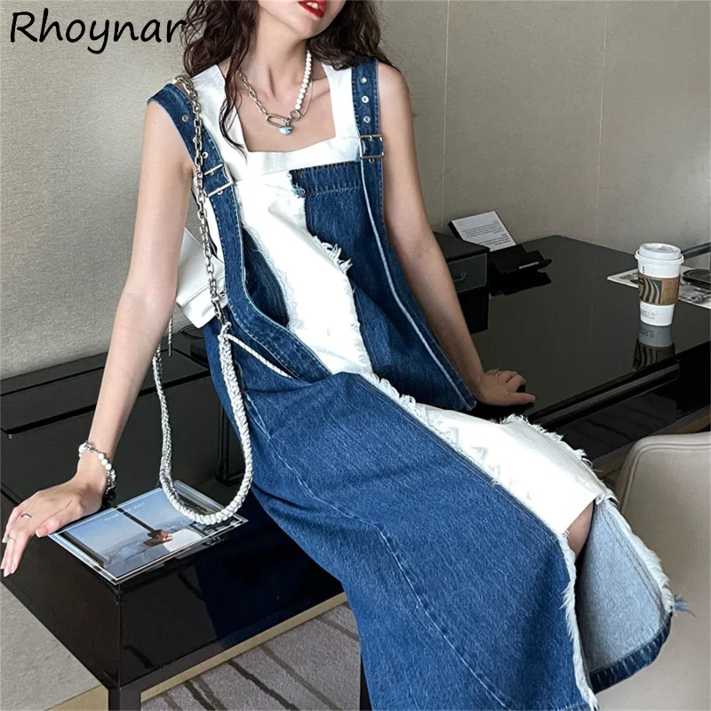 Loose Sleeveless Dresses Women Denim Patchwork Design Summer Chic Feminine Preppy Style Vintage Midi Holiday Schoolgirl Tender