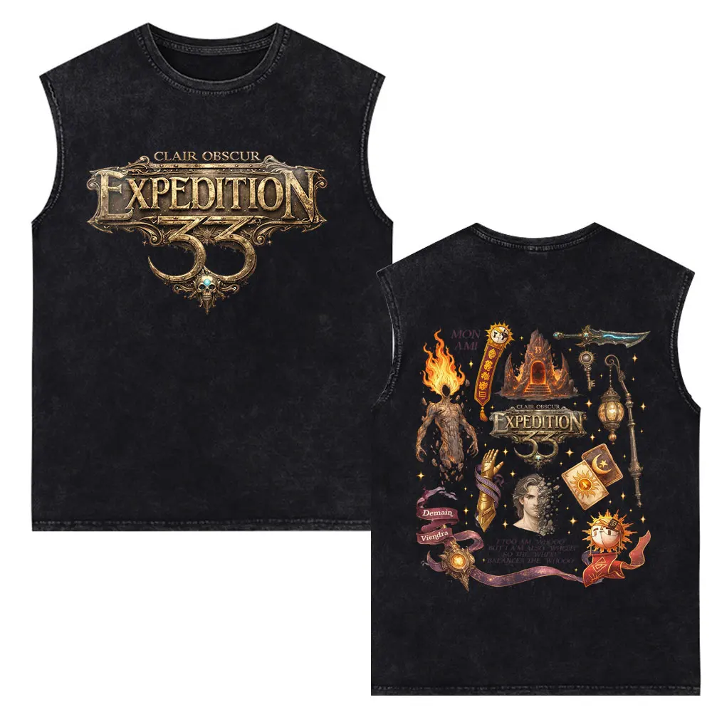 Clair Obscur Expedition 33 Game Vintage Washed Vest T-shirt Men Women Fashion High Quality Cotton Oversized Sleeveless Tank Tops