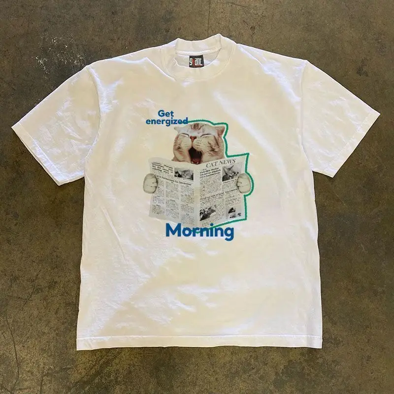

High Street Brand American Retro Loose-looking Newspaper Cat Print T-shirt Loose Comfortable Unique Top for Men and Women